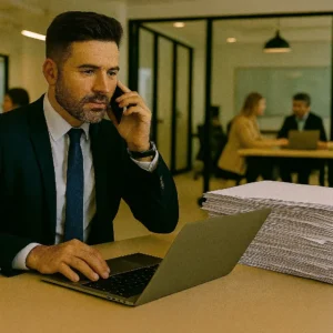 Vendedor venezolano gestionando múltiples tareas en un co‑work, con dispositivos electrónicos y una pila de documentos pendientes, como parte de un curso de administración del tiempo.