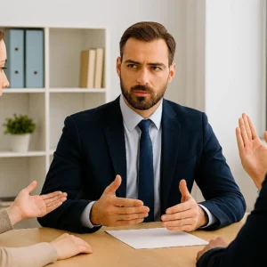 Ejecutivos en una reunión corporativa gestionando un conflicto con la guía de un mediador, como parte de un curso online de técnicas de negociación.