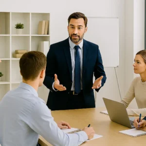 Jefe liderando una conversación con cinco colaboradores en una sala de reuniones, aplicando técnicas de persuasión e influencia en un entorno corporativo.