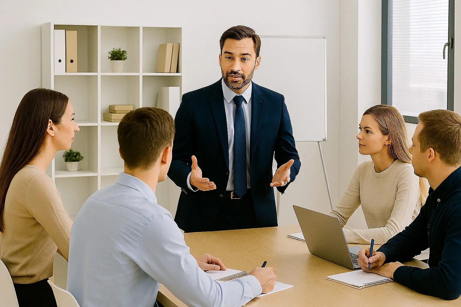 Jefe liderando una conversación con cinco colaboradores en una sala de reuniones, aplicando técnicas de persuasión e influencia en un entorno corporativo.