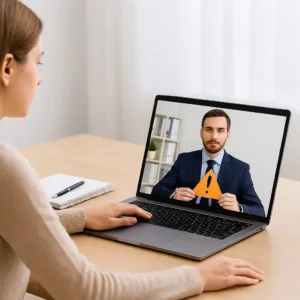 Alumna asistiendo a un curso online de prevención de fraudes mediante videoconferencia con instructor.