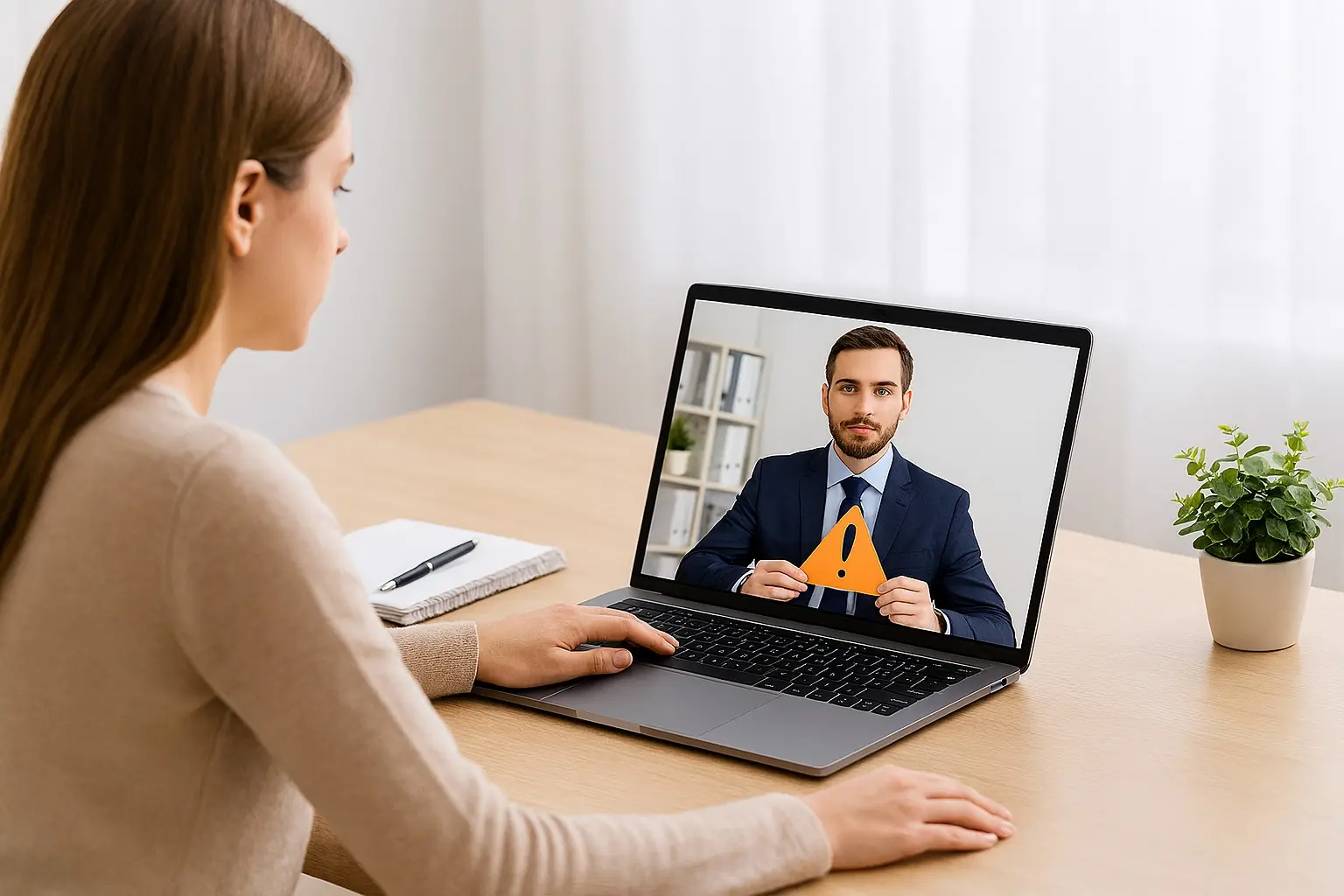 Alumna asistiendo a un curso online de prevención de fraudes mediante videoconferencia con instructor.