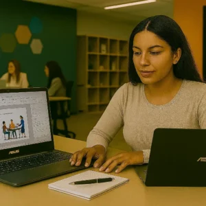 Diseñadora instruccional venezolana trabajando en dos computadoras portátiles mientras crea cursos e‑learning con metodología ADDIE en una oficina creativa.