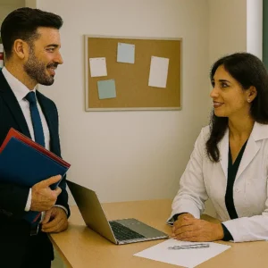 Vendedor venezolano presentando información a la dueña de una farmacia en un entorno similar a Farmatodo, aplicando inteligencia emocional en la interacción.
