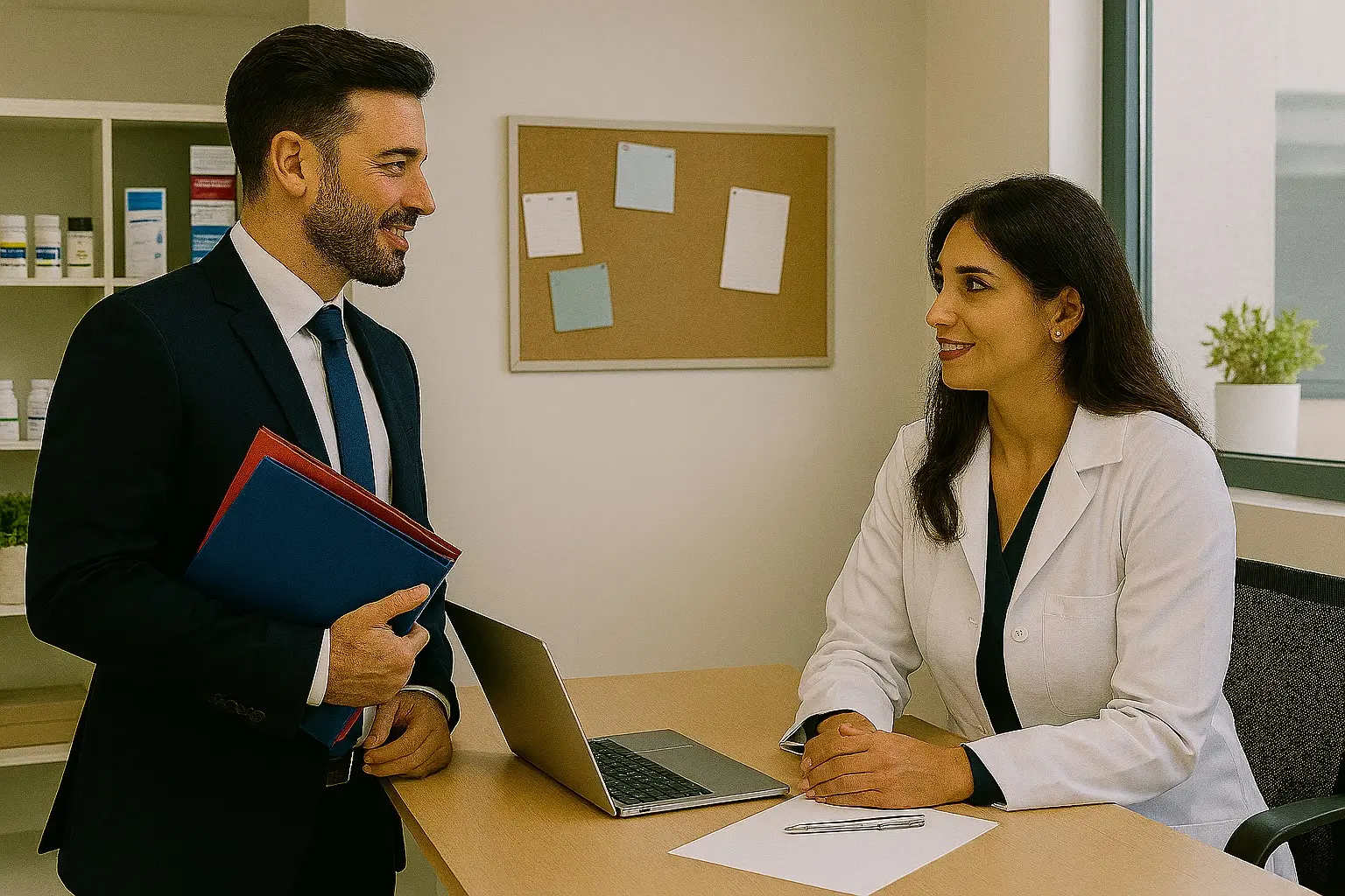 Vendedor venezolano presentando información a la dueña de una farmacia en un entorno similar a Farmatodo, aplicando inteligencia emocional en la interacción.