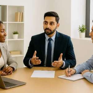 Equipo multicultural en una reunión corporativa con un líder guiando la conversación para aplicar técnicas de accountability.