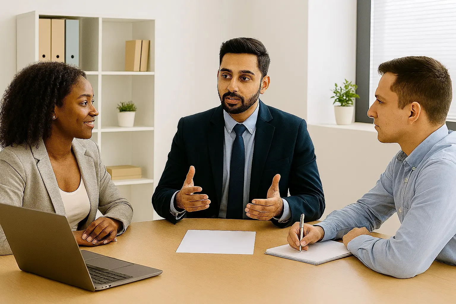 Equipo multicultural en una reunión corporativa con un líder guiando la conversación para aplicar técnicas de accountability.