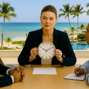 Ejecutiva multicultural guiando a dos colaboradores en una reunión sobre gestión del tiempo, sosteniendo un reloj como símbolo de organización y prioridades.