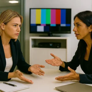 Dos mujeres en una sala de un canal de televisión dialogando y negociando con técnicas de comunicación efectiva.