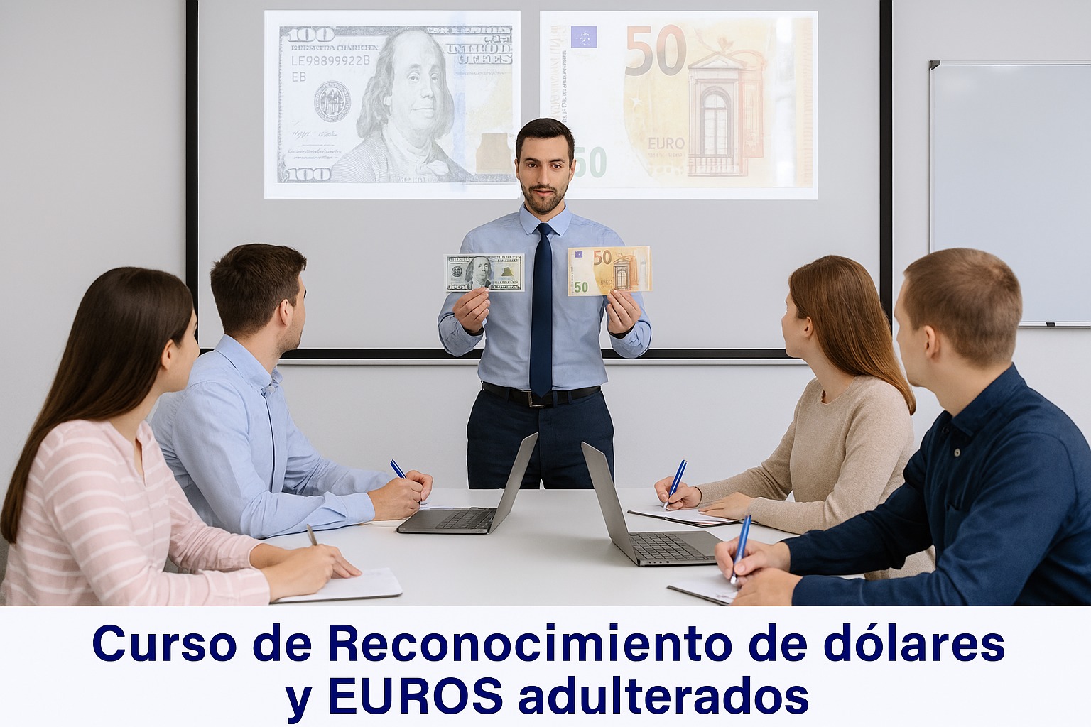 Instructor mostrando billetes de dólar y euro a un grupo de participantes durante el curso de reconocimiento de billetes adulterados.